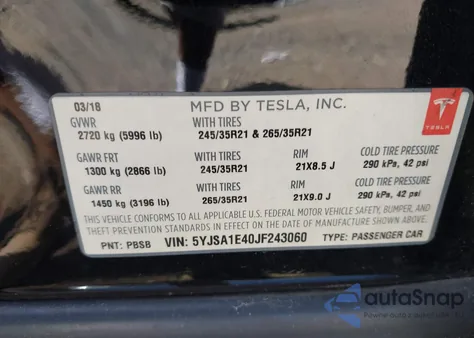 2018 Tesla Model S 100D/75D/P100D из США, поврежденный, VIN 5YJSA1E40JF243060
